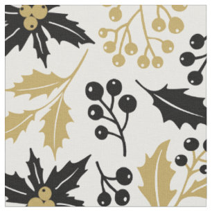 Modern Black Gold-kerst Holly Berries Pattern Stof