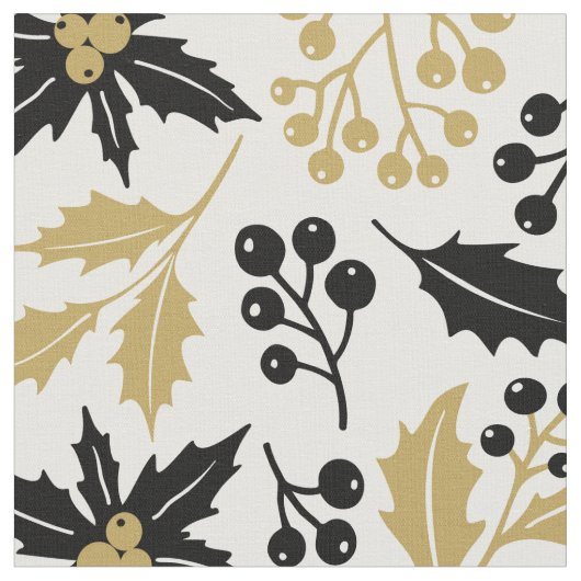 Modern Black Gold-kerst Holly Berries Pattern Stof (Close Up)