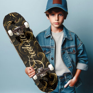 Modern Black Gold Leafy Swirls Decorative Art Name Persoonlijk Skateboard