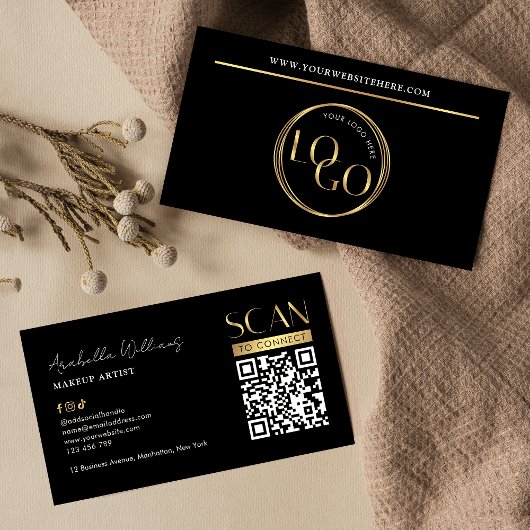 Modern Black Gold Logo Makeup Beauty Salon QR Code Visitekaartje