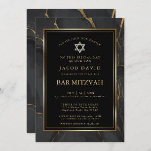 Modern Black Gold Marble Bar Mitzvah Kaart