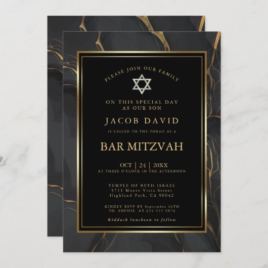 Modern Black Gold Marble Bar Mitzvah Kaart (Voorkant / Achterkant)