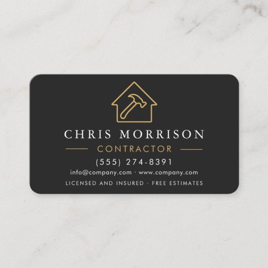 Modern Black & Gold Metal Contractor QR Code Visitekaartje (Voorkant)