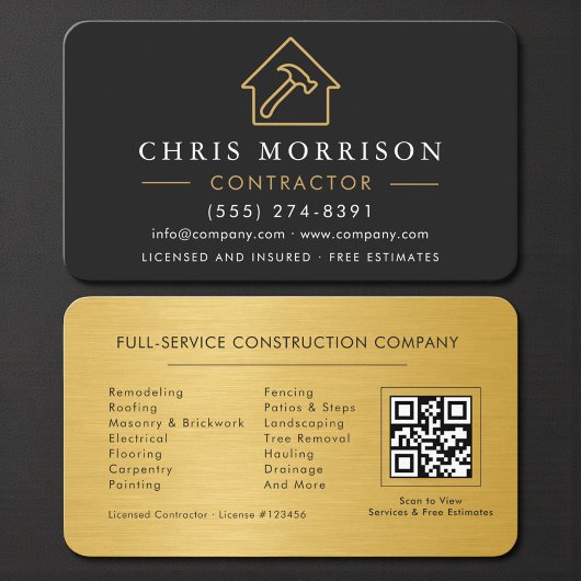 Modern Black & Gold Metal Contractor QR Code Visitekaartje