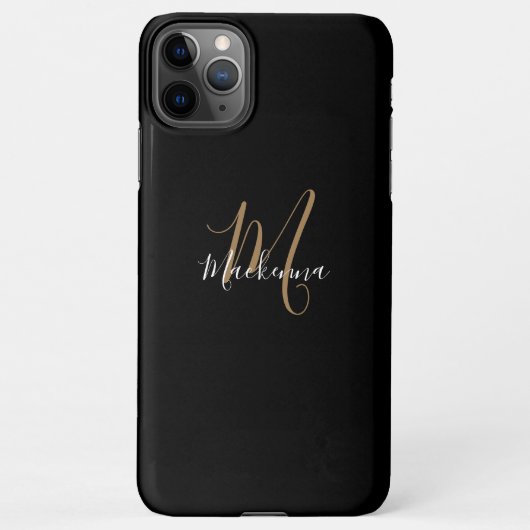 Modern Black Gold Monogram Girly Script Name iPhone Hoesje (Achterkant)