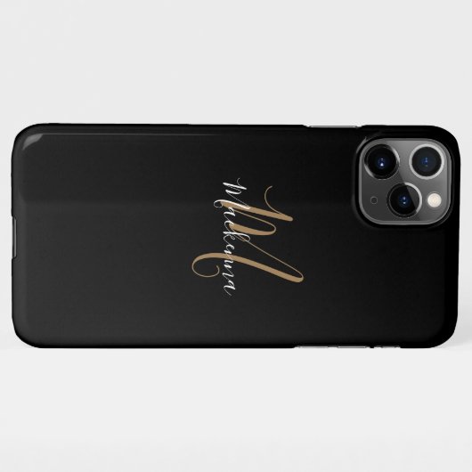 Modern Black Gold Monogram Girly Script Name iPhone Hoesje (Achterkant horizontaal)