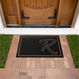 Modern Black Gold Monogram Script Family Name Deurmat