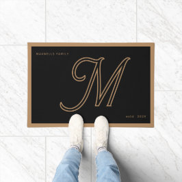 Modern Black Gold Monogram Script Family Name Deurmat