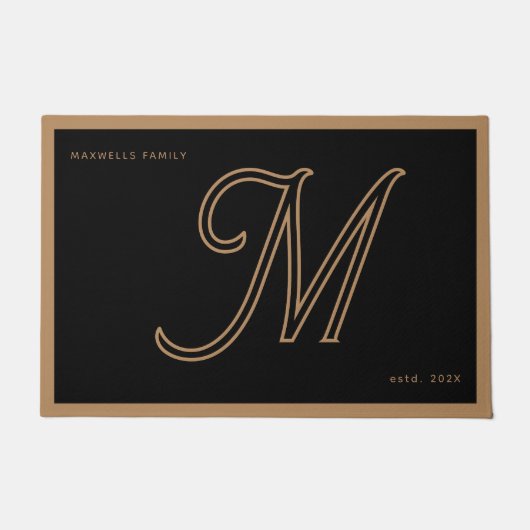 Modern Black Gold Monogram Script Family Name Deurmat (Voorkant)