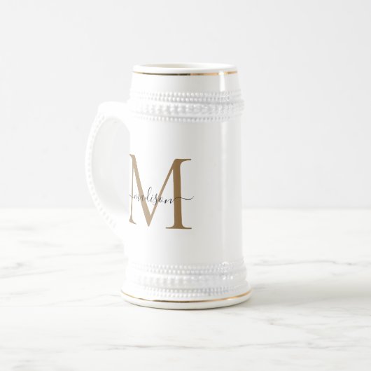 Modern Black Gold Monogram Script Name Initiaal Bierpul (Voorkant links)