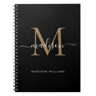 Modern Black Gold Monogram Script Name Initiaal Notitieboek