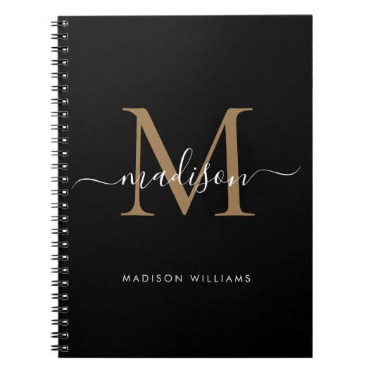 Modern Black Gold Monogram Script Name Initiaal Notitieboek (Voorkant)