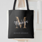 Modern Black Gold Monogram Script Name Initiaal Tote Bag