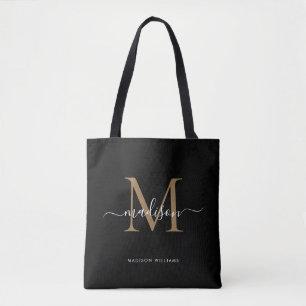 Modern Black Gold Monogram Script Name Initiaal Tote Bag