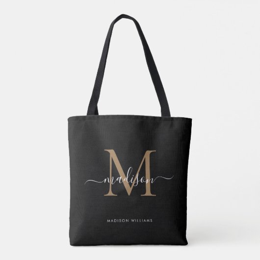 Modern Black Gold Monogram Script Name Initiaal Tote Bag (Achterkant)