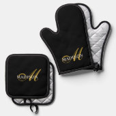 Modern Black Gold Monogram Script Ovenwant & Pannenlap Set (Voorkant / Achterkant)