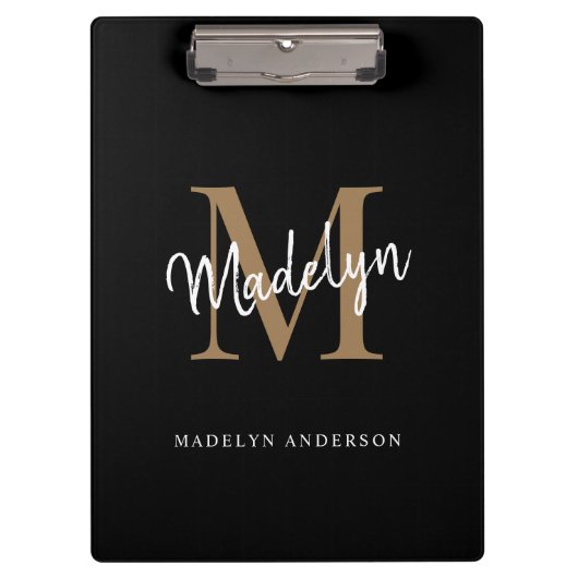 Modern Black Gold Monogram stijlvolle scriptnaam Klembord (Voorkant)
