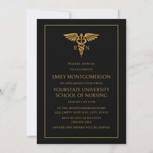 Modern Black Gold Nursing School RN Afstuderen Kaart (Voorkant)