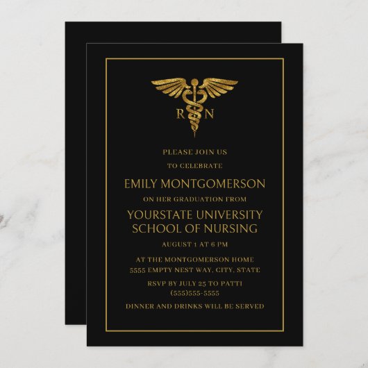 Modern Black Gold Nursing School RN Afstuderen Kaart (Voorkant / Achterkant)
