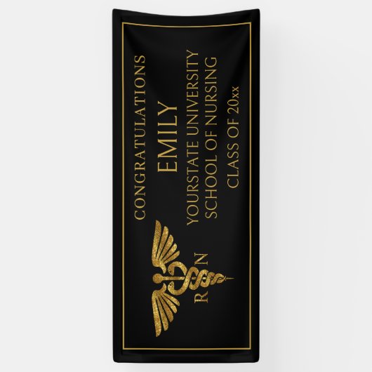 Modern Black Gold Nursing School RN Afstuderen Spandoek (Verticaal)