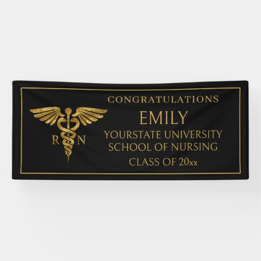 Modern Black Gold Nursing School RN Afstuderen Spandoek (Horizontaal)