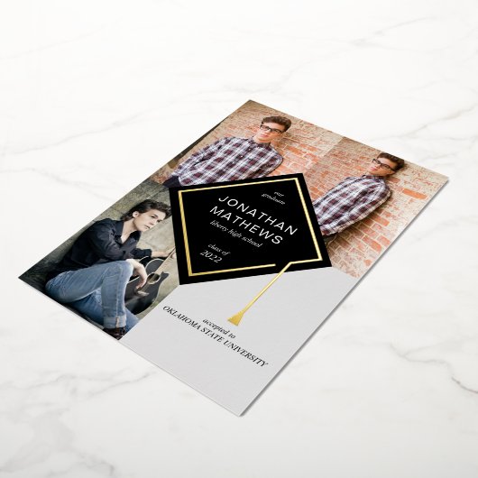 Modern Black Gold Pet Photo Afstuderen Folie Uitnodiging (Gedraaid)