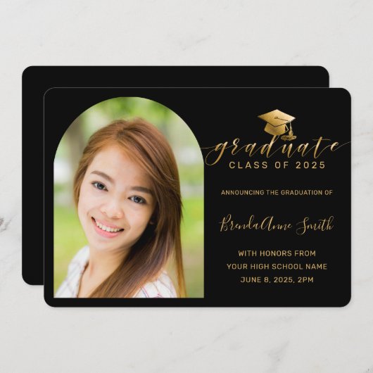 Modern Black Gold Pet Script Arch Photo Afstuderen Aankondiging (Voorkant / Achterkant)