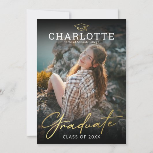 Modern Black Gold Photo Afstuderen Uitnodiging (Voorkant)
