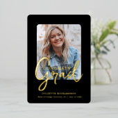 Modern Black Gold Photo College Afstudeerfeest Folie Uitnodiging (Staand Voorkant)