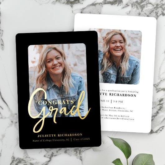 Modern Black Gold Photo College Afstudeerfeest Folie Uitnodiging