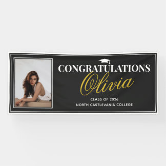 Modern Black Gold Photo Congratulations Grad Party Spandoek