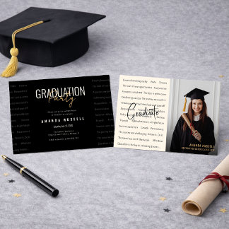 Modern Black & Gold Photo Graduation Party  Kaart