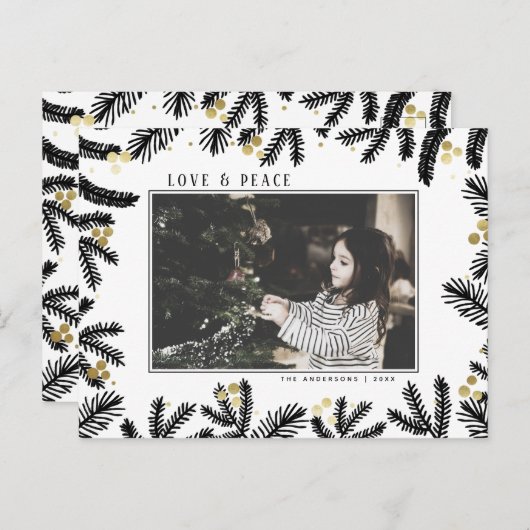 Modern Black & Gold Pine and Berries Holiday Feestdagenkaart (Voorkant / Achterkant)