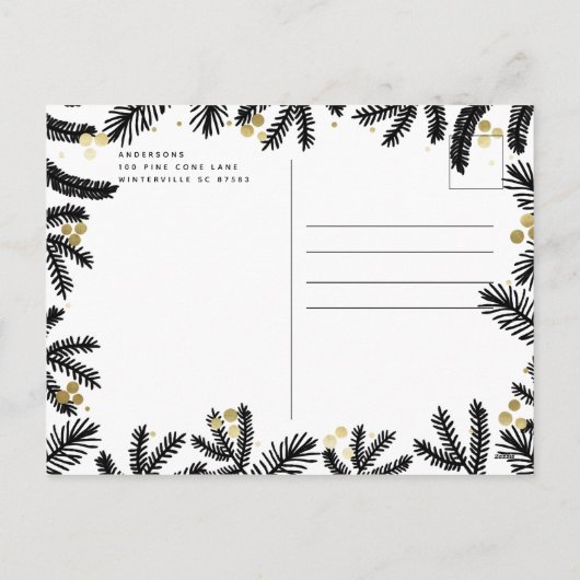 Modern Black & Gold Pine and Berries Holiday Feestdagenkaart (Achterkant)