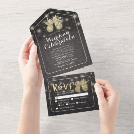 Modern Black & Gold Pineapples Couple Wedding RSVP All In One Uitnodiging