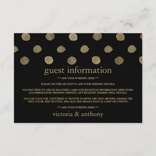 Modern Black & Gold Polka Dots Wedding Detail Informatiekaartje (Voorkant)