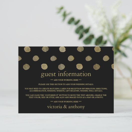 Modern Black & Gold Polka Dots Wedding Detail Informatiekaartje (Staand voorkant)
