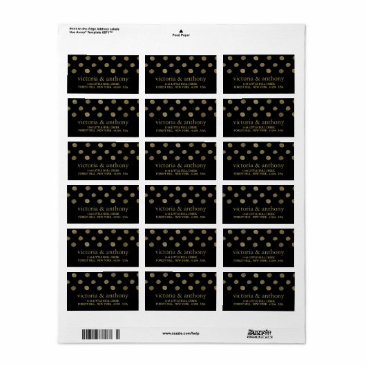 Modern Black & Gold Polka Dots Wedding Etiket (Full Sheet)