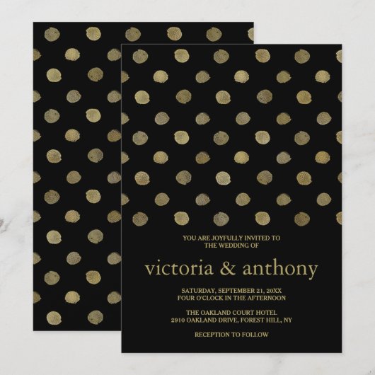 Modern Black & Gold Polka Dots Wedding Kaart (Voorkant / Achterkant)