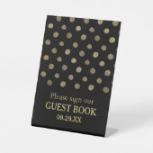 Modern Black & Gold Polka Dots Wedding Reclamebord Met Voetstuk (Voorkant)