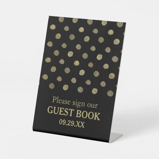 Modern Black & Gold Polka Dots Wedding Reclamebord Met Voetstuk (Voorkant)