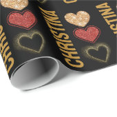 Modern Black Gold & Red Hearts Name Valentines Day Cadeaupapier (Rol Hoek)