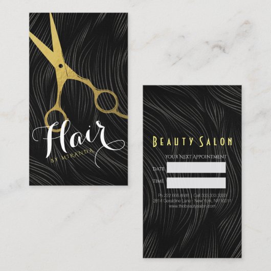 Modern Black Gold Scissors Hair Salon Haarstylist Afsprakenkaartje (Voorkant / Achterkant)