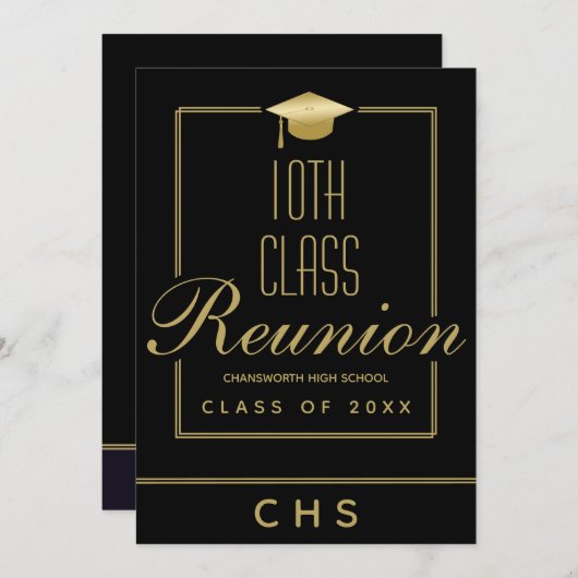 Modern Black Gold Script 10e klasse reünie Kaart (Voorkant / Achterkant)