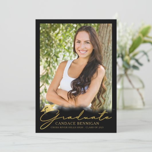 Modern Black Gold Script 5 Photo-Afstuderen Aankondiging (Staand voorkant)