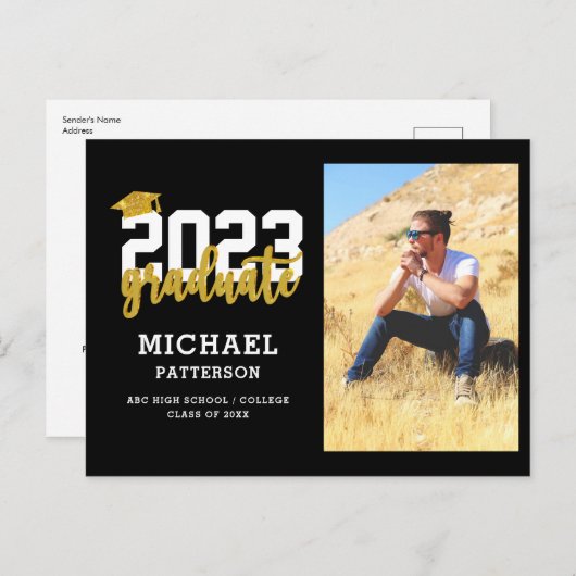 Modern Black Gold Script Photo Afstuderen Aankondigingskaart (Voorkant / Achterkant)