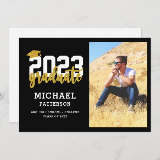 Modern Black Gold Script Photo Graduparty Kaart (Voorkant / Achterkant)