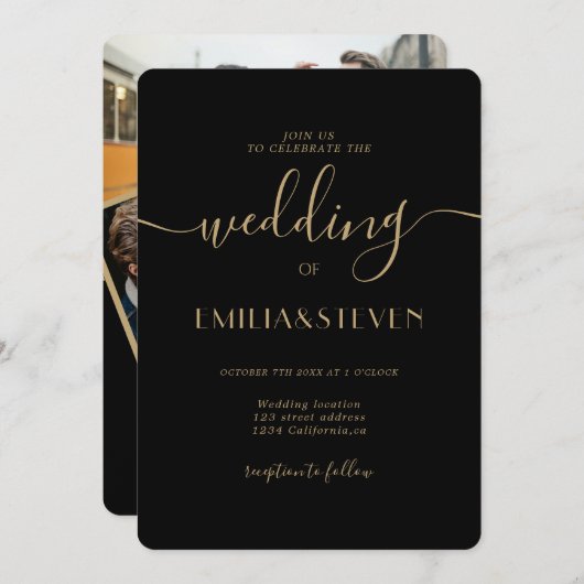 Modern Black Gold Script Photo Initialen Weddensch Kaart (Voorkant / Achterkant)