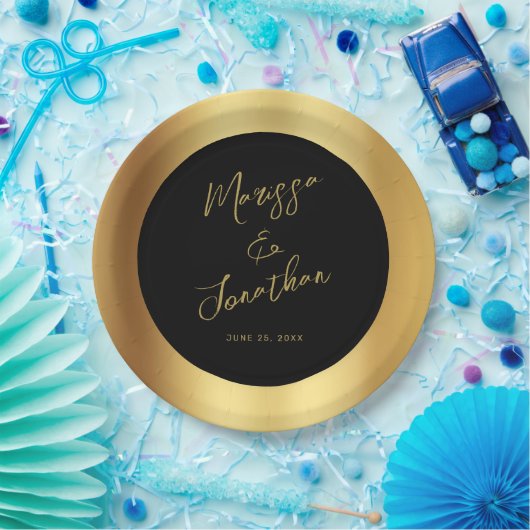 Modern Black Gold Script Shiny Wedding Papieren Bordje (Feest)