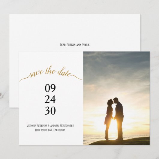 Modern Black Gold Script Weduwfoto Save The Date (Voorkant / Achterkant)